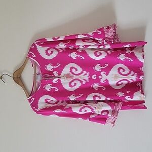 Chico's Pink White Ikat Bell Sleeve Tassel Tie Tunic Blouse Size Large